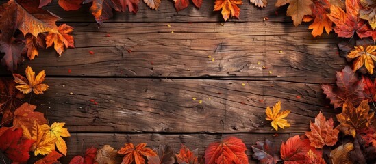 Wall Mural - Colorful autumn leaves beautifully frame a rustic wood background with copy space image