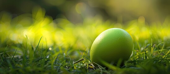 Poster - Bright green Easter egg is placed in grass symbolizing the festive start and renewal that Easter represents ideal for a copy space image