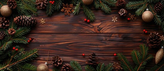 Poster - Christmas winter mockup with evergreen fir branches pinecones and decorations on a wooden background Greetings card template with copy space image for the new year