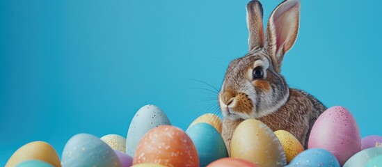Aufkleber - An image with a close up of the Easter Bunny surrounded by vibrant eggs on a blue backdrop offers ample copy space for additional content