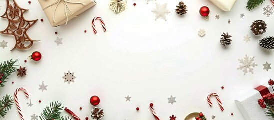 Aufkleber - Holiday themed arrangement with Christmas decorations on a white backdrop with a festive theme suitable for cards or invitations with an aerial viewpoint showing various items and copy space image