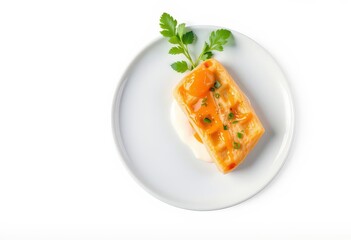 A waffle on a plate drizzled with orange sauce and a sprig of parsley.