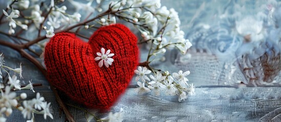 Aufkleber - Romantic background featuring red knitted heart white Heather flowers and a symbol of pure love on a copy space image