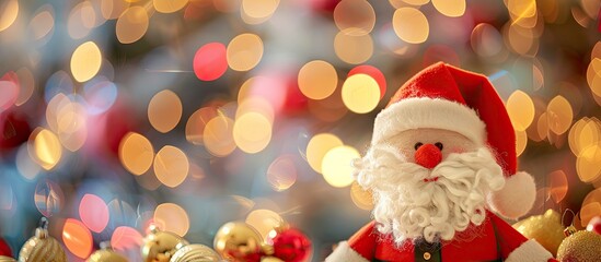 Poster - Stuffed toy Santa Claus decoration on a white background with colorful bokeh lights and Christmas decor in the copy space image