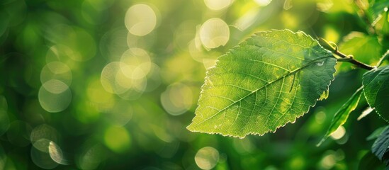 Aufkleber - Natural scenery with a close up of a lush green leaf under sunlight against a blurry green backdrop with bokeh effect ideal as a nature themed copy space image