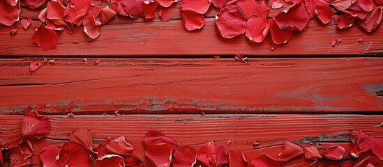 Aufkleber - A background of red wood is adorned with a frame of petals and plastic hearts to leave space for adding an image. copy space available