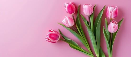 Aufkleber - Easter themed greeting card featuring tulip flowers on a pink backdrop Top down view layout with room for personalized messages copy space image