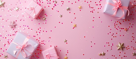 Leinwandbilder - Pink pastel background with confetti stars and a festive vibe is perfect as a backdrop for packages Features closeup details and ample copy space image