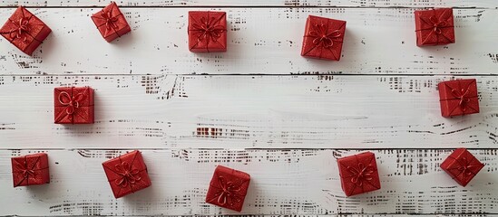 Wall Mural - Red Christmas gift boxes arranged at the edge of a white wooden panel with space for adding text or images for a complementing look. copy space available