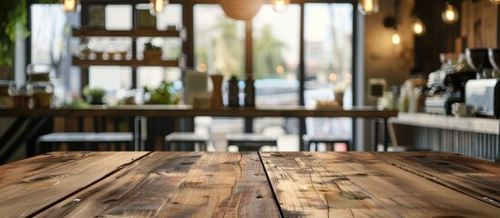 Poster - Empty brown wooden table with a blurred coffee shop background perfect for product display or photomontage with copy space image