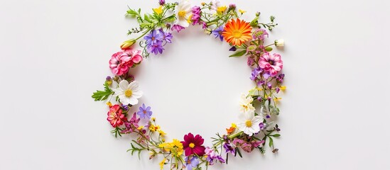 Aufkleber - Round frame wreath of spring wildflowers on white background top view flat lay with copy space image