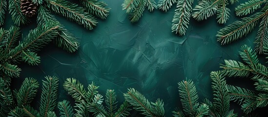 Poster - Overhead shot of vibrant backdrop using green fir branches Featuring New Year s theme with copy space image