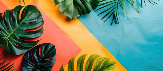 Sticker - Summer flat lay composition featuring tropical leaves on a colorful backdrop providing engaging copy space image