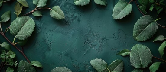 Sticker - Engraved leaves arranged on a dark green table background with ample copy space image