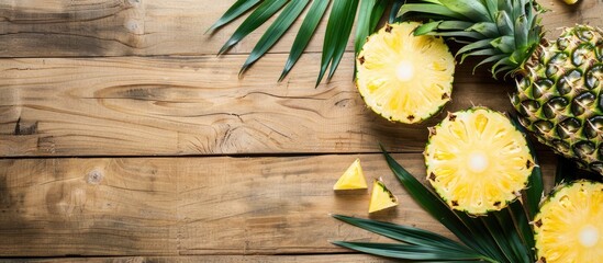 Poster - Pineapple halves and tropical leaf on wooden backdrop with copy space image