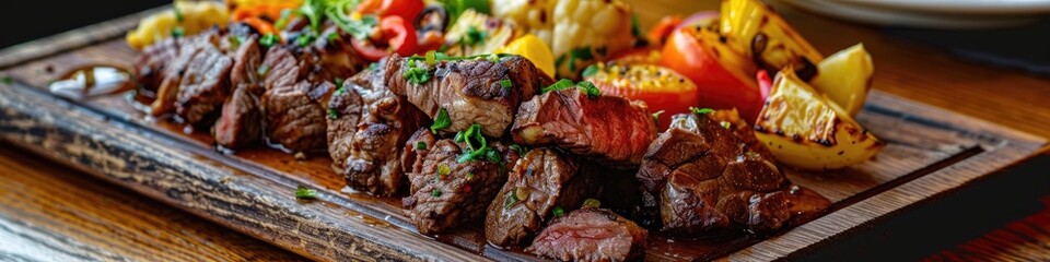 Canvas Print - Close up of beef and lamb meat with fried vegetables on wooden board on table shallow depth of field