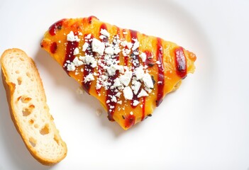 A yellow pastry with red sauce and white cheese crumbles on a white plate.