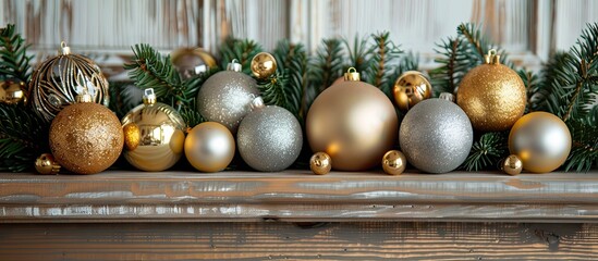 Fototapete - A spruce branch on the mantelpiece holds golden and silver Christmas ornaments and balls creating a festive display with a copy space image