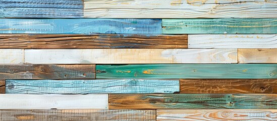 Aufkleber - Top view of natural wooden planks with white blue and green hues provides a textured backdrop suitable for a copy space image
