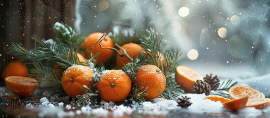 Fototapete - Winter themed background featuring tangerines a fir branch wreath and selective focus for copy space image during Christmas and New Year celebrations