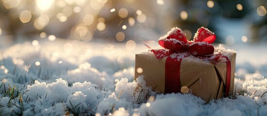 Fototapete - Close up view of a gift box with a ribbon in the snow on the left side featuring a copy space image