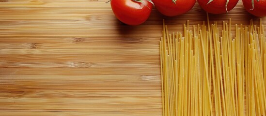 Wall Mural - Italian food concept with spaghetti and pasta cooking ingredients on a bamboo backdrop creating a flat lay composition with ample copy space image