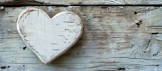 Aufkleber - Valentine s Day background with a white wooden heart on an old wooden surface perfect for a copy space image