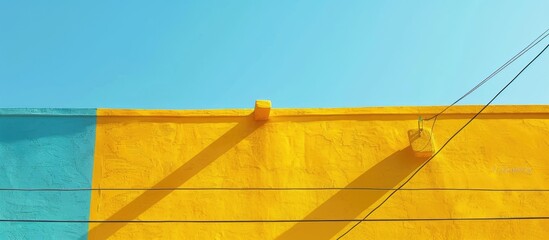 Wall Mural - Simple building exterior background with yellow wall and electric cable shadows set against a clear blue sky for copy space image