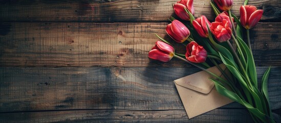 Aufkleber - An old wooden surface displaying spring tulips and an envelope with copy space image