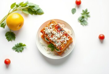 Wall Mural - Appetizing dish of rice, grilled vegetables, and greens on white plate.