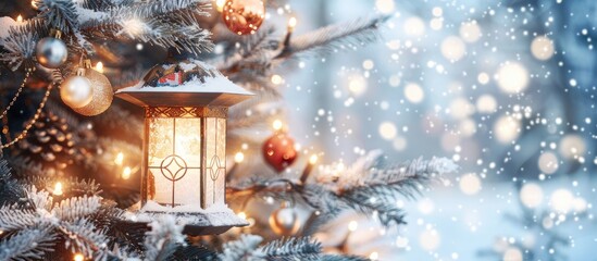 Aufkleber - Snow covered fir tree branches and festive baubles surrounding a radiant Christmas lantern in a winter scene with copy space image
