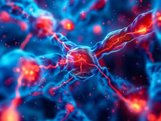 Wall Mural - A close up of a brain with red and blue neurons. Concept of complexity and interconnectedness, as the neurons are shown in various sizes and colors, with some being red and others blue