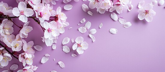Aufkleber - Cherry blossom flowers on a violet paper with plenty of copy space image