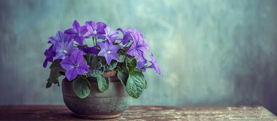 Aufkleber - A vintage and retro style image featuring a purple Platycodon grandiflorus flower in a charming pot on a wooden table with ample copy space