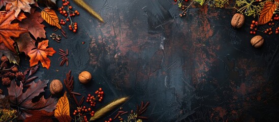 Canvas Print - Colorful fall foliage nuts and grass in a corner border atop a rustic dark banner background shown from above with a copy space image below