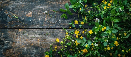 Aufkleber - A rustic textured table showcasing a bunch of green wild plants and yellow buttercups creating a midsummer flower table decor in a flowers flat lay composition with a wooden background and copy space