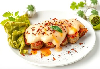 Wall Mural - Appetizing dish with white sauce and red garnish on a white plate.