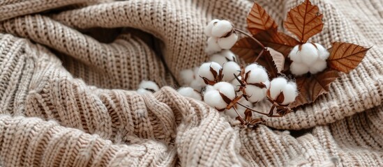 Wall Mural - Top view copy space image featuring a cozy autumn setup with cotton flowers on a knitted beige sweater or plaid background embodying a fall concept with a touch of cozy lifestyle details
