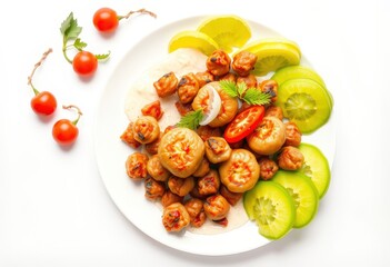 Wall Mural - Appetizing roasted food with creamy sauce,  cherry tomatoes,  and sliced green fruit on white plate.