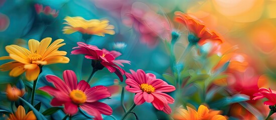 Leinwandbilder - Vibrant flowers in focus with blurred background allowing for copy space image