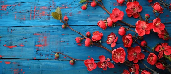 Aufkleber - Top view of red flowers on a blue wooden backdrop with a quince blossom for a captivating copy space image