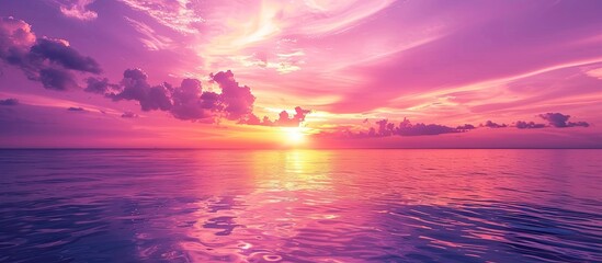 Poster - Vibrant sunset in shades of purple pink and yellow creating a serene summer atmosphere for a vacation themed copy space image