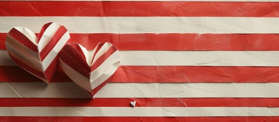 Aufkleber - Two artisan made paper hearts displayed on a background with red and white stripes with copy space image