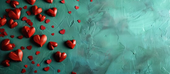 Aufkleber - Valentine s Day card featuring red hearts on a green background with a copy space image available