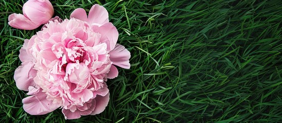 Aufkleber - Pink peony petals contrast beautifully against a backdrop of lush green grass in this copy space image