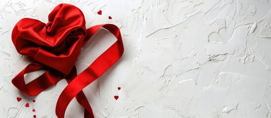 Aufkleber - Valentine s Day theme with a satin red ribbon heart on a white background perfect for copy space image