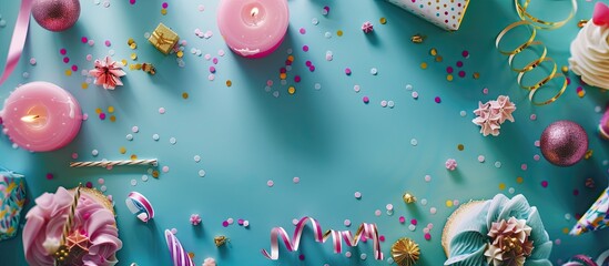 Poster - Flat lay abstract background with birthday party decorations like candles streamers hats and gift boxes offering a charming copy space image
