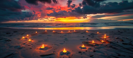 Poster - Candles arranged in a heart shape on sandy beach during dusk set against a colorful sky with dark clouds overhead creating a romantic scene with copy space image