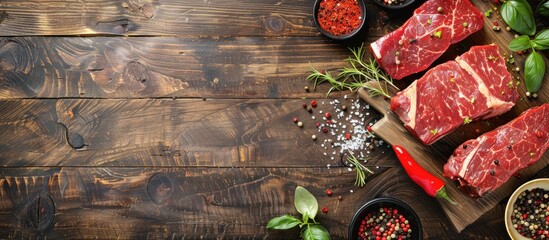 A flat lay wooden table displaying fresh raw meat steaks alongside spices offering a copy space image for text