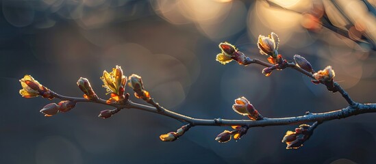 Poster - In early spring the tree s buds unfold against a blurred backdrop highlighting a copy space image